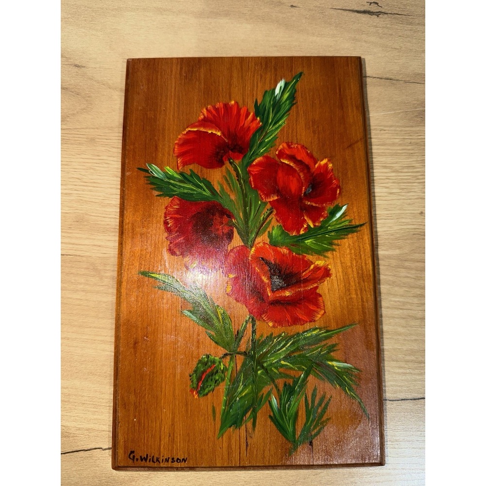 Vintage G Wilkinson Art Wooden Wall Hanging Hand Painted Signed Floral Plaque F